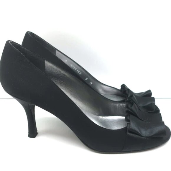 Stuart Weitzman women's 9 ruffle toe peep toe 3 inch black formal heels EUC - Picture 1 of 13